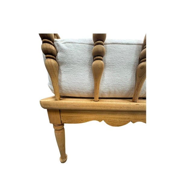 Farmhouse Late 18th Century Gustavian Style Oak Spindle Settee With Scrolled Arms, Linen Cushion For Sale - Image 3 of 6