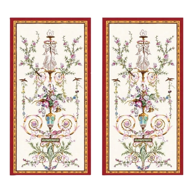 Hand Painted Neoclassical French Rocco Style Decorative Panels Floral Urn Cherub Motif 28” by 62” Each For Sale