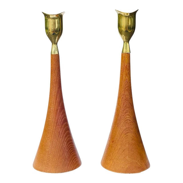 Vintage Teak and Brass Candleholders For Sale