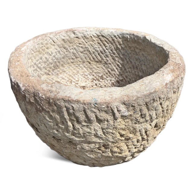 Old vintage solid stone large round bowl from India. Rustic rough texture. Wonderful for outdoor or indoor use / display....