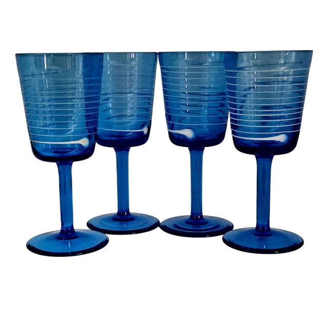 Villeroy & Boch Late 20th Century Villeroy & Boch Conga White Swirl Cobalt Crystal Wine Goblets Set of 4 For Sale - Image 4 of 13