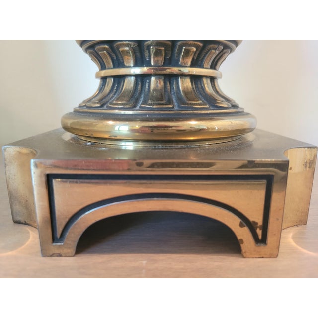 1960s Hollywood Regency Brass and Porcelain Stiffel Style Table Lamps With Shades For Sale In Miami - Image 6 of 7
