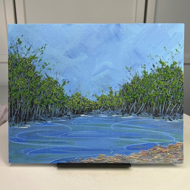 A Pond Brings Peace Acrylic Painting Unframed 8 X 10" Nature Theme Wall Art For Sale - Image 4 of 7