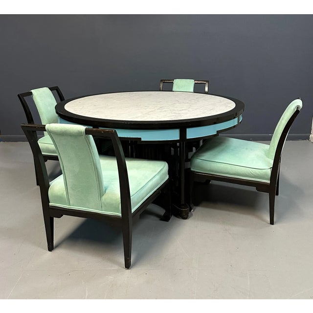 Chinoiserie 1940s Vintage James Mont Style Chinoiserie Marble Top Low Dining Table and Chairs - Set of 5 For Sale - Image 3 of 12