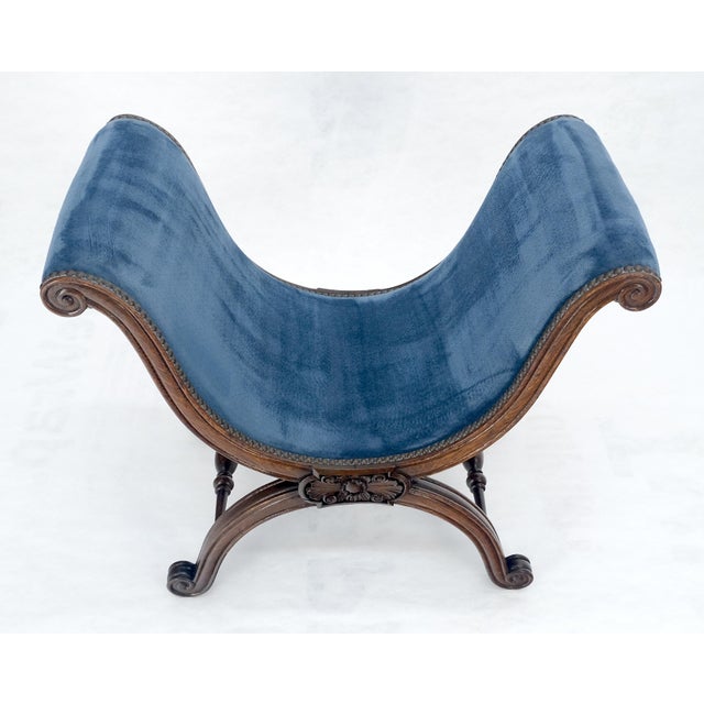 Blue French Carved Wood Scissor Shape Blue Velvet Upholstery Bench For Sale - Image 8 of 13