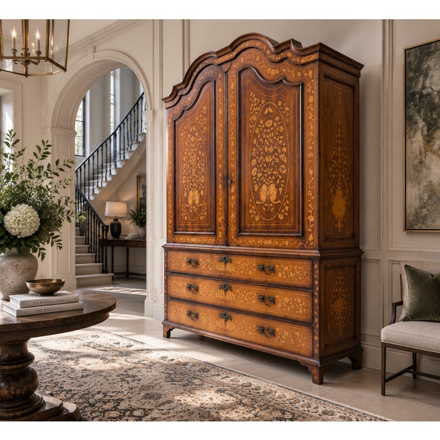 An exceptional antique Dutch walnut linen press cabinet dating from circa 1780, richly decorated with intricate floral...