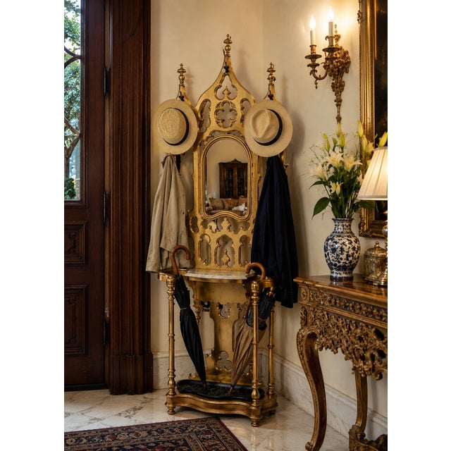 Gothic Late 19th Century Restored Gothic Revival Holy Tree With Mirror, Faux Gold Leaf Finish & Original Marble For Sale - Image 3 of 17
