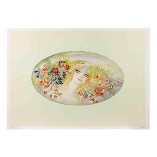 Felicita Frai, Portrait with a Garland of Flowers, Lithograph, 1980s For Sale
