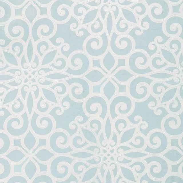 Sample - Schumacher Rosegate Embroidered Print Fabric in Aquamarine For Sale