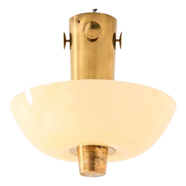 Modern Scandinavian Ceiling Lamp in Brass and Opaline Glass by Paavo Tynell, 1950s For Sale
