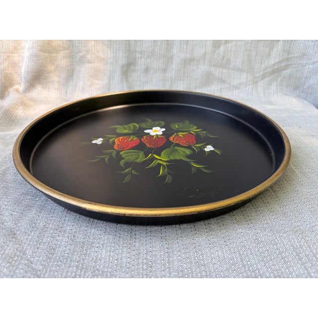 Boho Chic Vintage Strawberry Tole Round Tray For Sale - Image 3 of 17