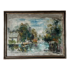 70's Vintage Riverside With Boats Landscape Oil on Canvas Painting, Framed