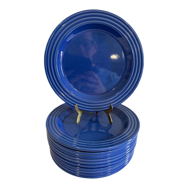 Vintage Emile Henry France Cobalt Blue Ribbed Salad Plates, Set of 11 For Sale