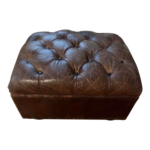 Vintage Berkshire Leather Tufted Ottoman From Restoration Hardware’s Retired Collection (2 Available) For Sale