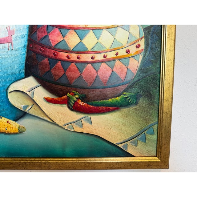 Late 20th Century Textured Signed Oil Painting Still Life, Folk Art Pottery Corn Adobe Scene Art For Sale - Image 12 of 13