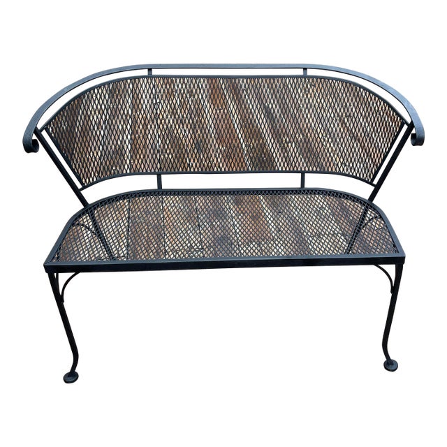 Mid-Century Woodard Wrought Iron Mesh Patio Loveseat Settee For Sale