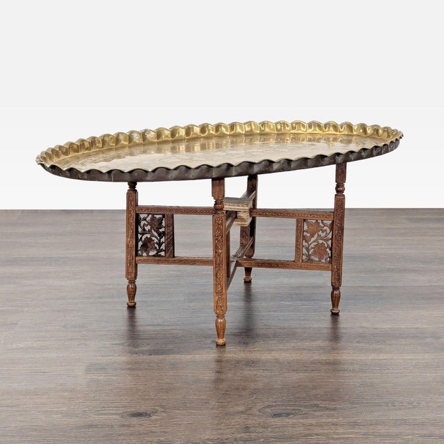 Traditional Brass Tray Top Coffee Table on Wood Stand For Sale - Image 3 of 6
