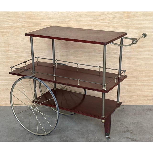 Mid-Century Mahogany Wood and Brass Italian Serving Bar Cart, 1960s. Three level For Sale - Image 4 of 18