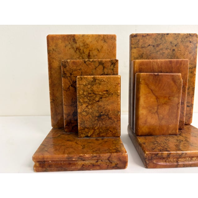 Art Deco Vintage Italian Alabaster Bookends – Art Deco Style Brown Veined Stone Pair For Sale - Image 3 of 14