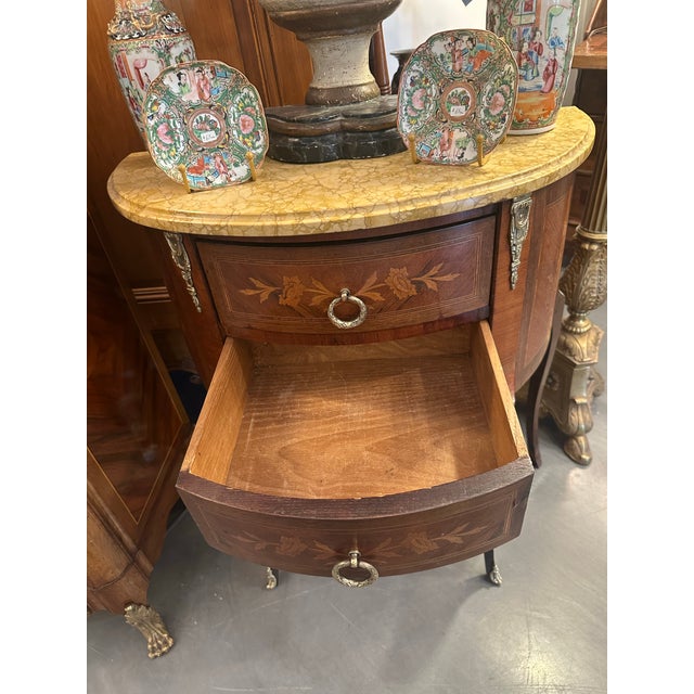Diminutive Louis XV Style Demilune Commodes With Marble Tops, Pair Available For Sale - Image 10 of 12