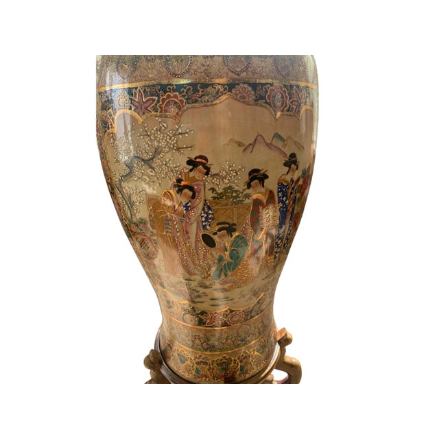 Ceramic Late 20th Century Royal Satsuma Large Floor Vase With Geishas and Floral Motif For Sale - Image 7 of 9