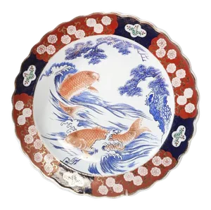 Antique 16.5” Japanese Imari Porcelain Fish Charger