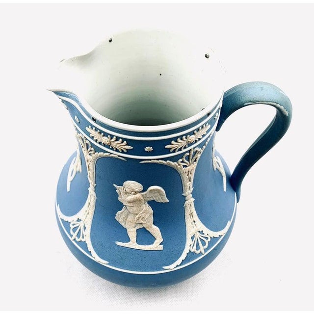 Ceramic Dudson Jasperware Pitcher in Blue With Neo-Classical Motif-8.25” Tall For Sale - Image 7 of 10