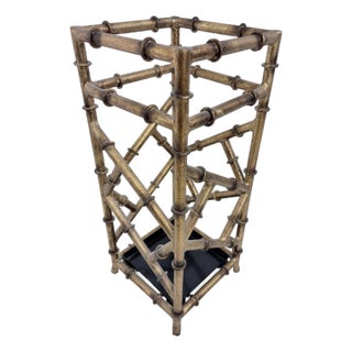 Mid-Century Vintage Gilded Wrought Iron Faux Bamboo Umbrella Stand For Sale