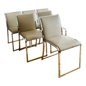 Giovanni Offredi for Saporiti 1970's Set of 6 Dining Chairs in Chrome With Vacchetta Leather in Sand