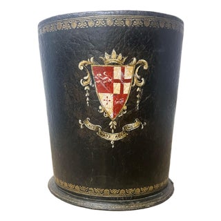Vintage Brown Leather Oval Waste Bin W/Royal Coat of Arms For Sale