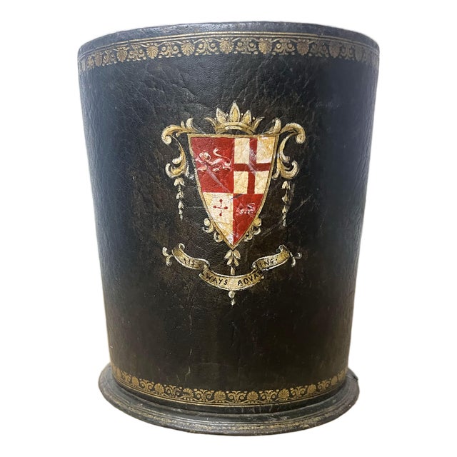 Vintage Brown Leather Oval Waste Bin W/Royal Coat of Arms For Sale