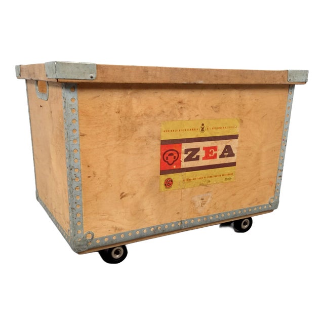 Large Wooden Chest on Casters with Metal-Reinforced Corners, 1960s For Sale