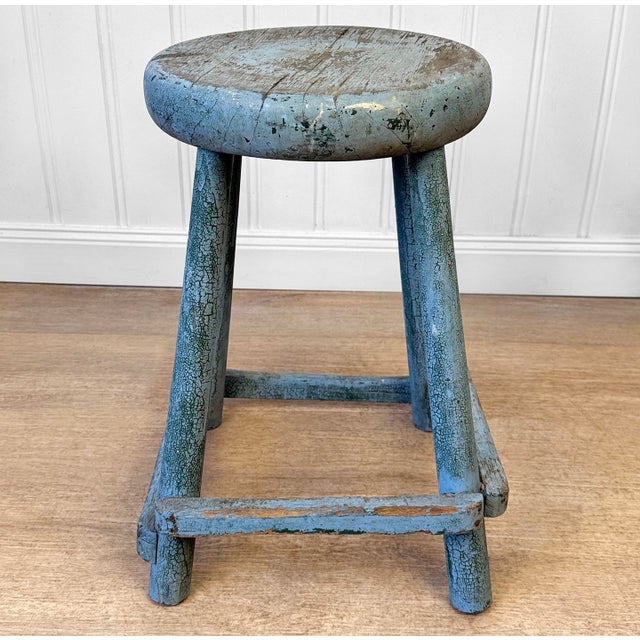 Farmhouse Antique Primitive Farmhouse Blue Wood Round Barn Milking Stool For Sale - Image 3 of 8