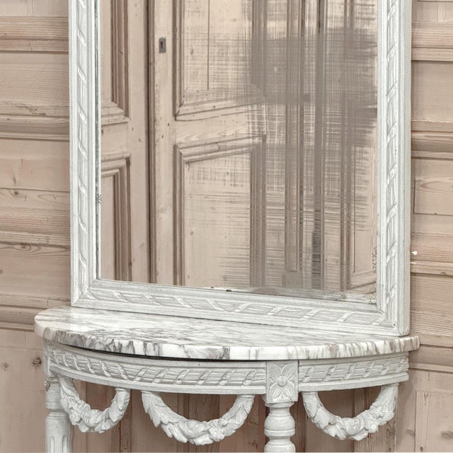 Antique Italian Louis XVI Painted Marble Top Demilune Console With Trumeau Mirror For Sale - Image 13 of 18