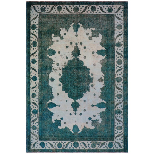 Vintage Retro No Pile Ivory/Teal Wool Rug - 7'10'' X 11'5'' For Sale - Image 10 of 10