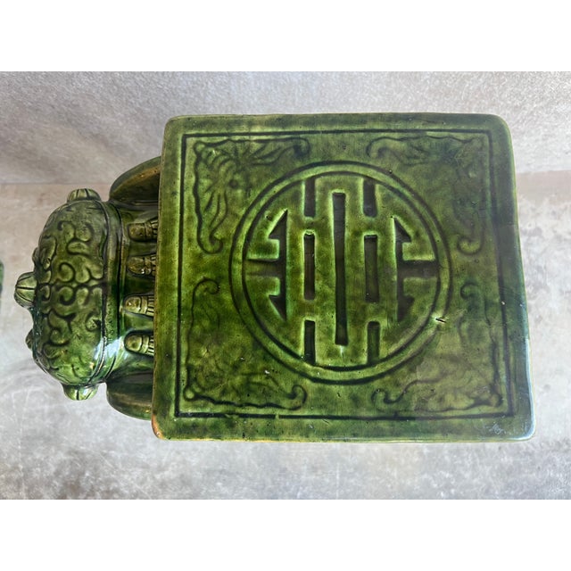 Ceramic Late 20th Century Large Pair of Palm Beach Regency Style Green Glazed Ceramic Elephant Stands or Stools For Sale - Image 7 of 13