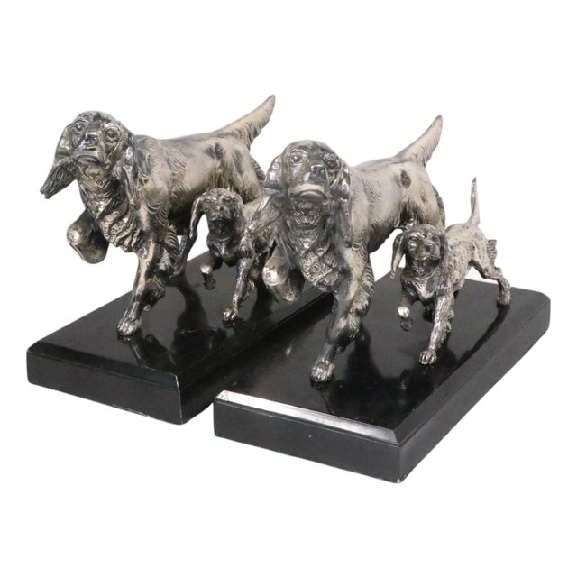 Mid 20th Century Pr. Silvered Metal Dog Bookends by the Philadelphia Mfg. Co. For Sale