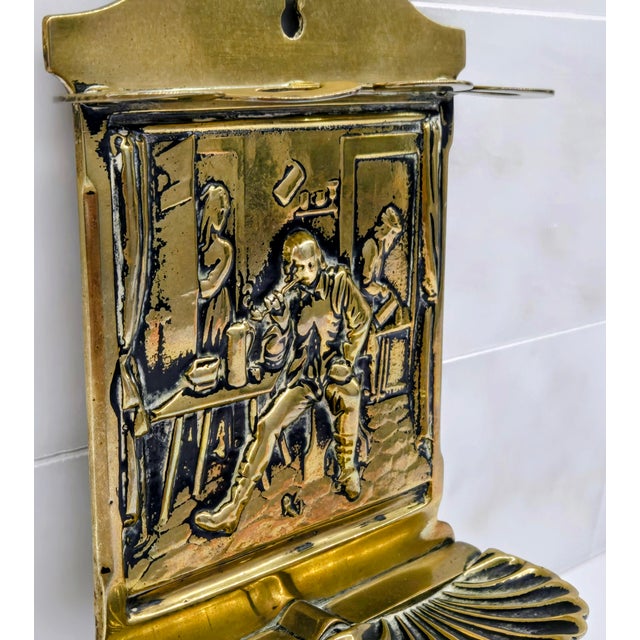 Vintage European Brass Tavern Interior Brass Wall Match Holder, Repoussé Pub Scene Wall Pocket For Sale - Image 4 of 9