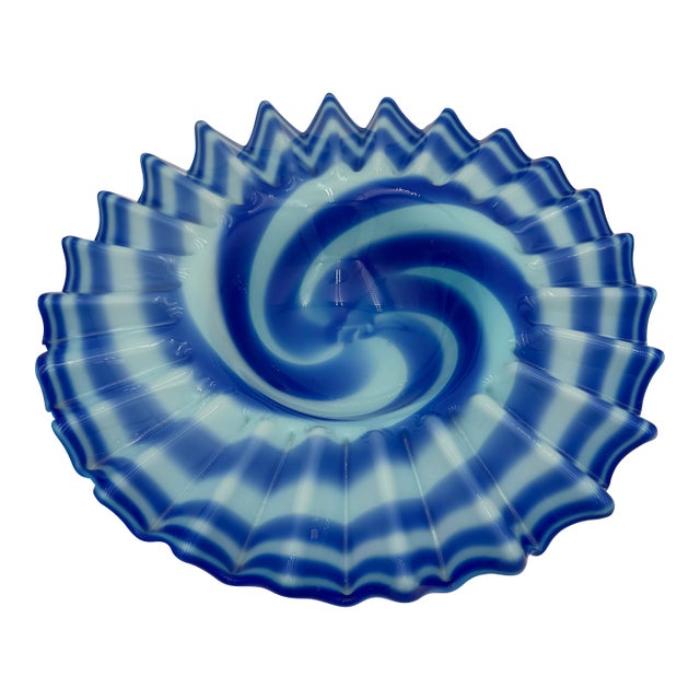 Vintage Blue and White Murano Glass Bowl Ribbon Edge 14" For Sale