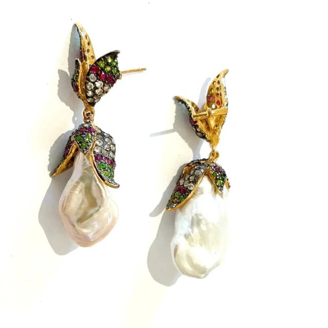 Bochic "Orient" Vintage Ruby, Topaz & Multi Fancy Gem Earrings Set In 18K Gold & Silver Natural Emeralds - 1 carat Natural...