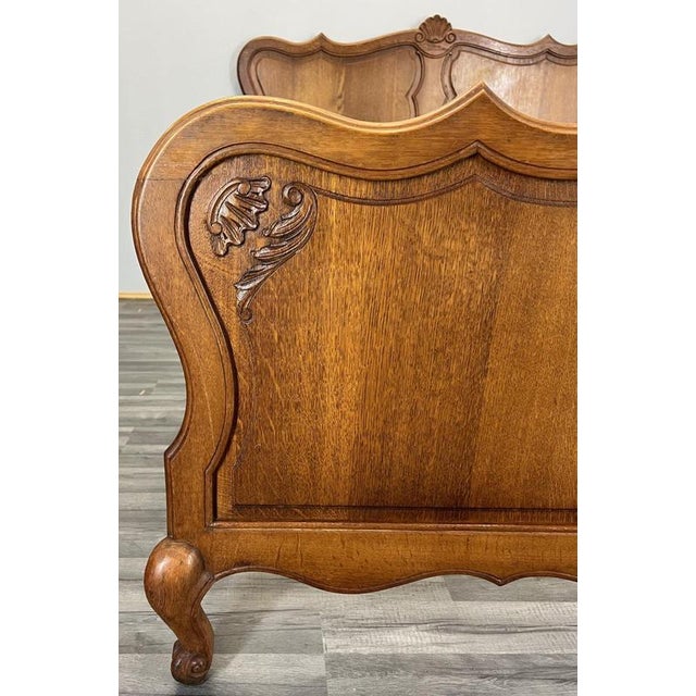 Vintage French Louis XVI Style Oak Double Bed Frame with Carved Headboard For Sale - Image 4 of 8