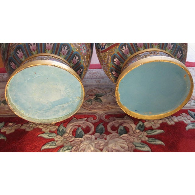 Metal Matched Pair of Chinese Cloisonné Enamel Baluster Vases With Carved Black Hardwood Display Stands For Sale - Image 7 of 7