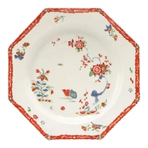 Antique Mid 18th Century George II Bow Porcelain Kakiemon Octagonal Plate in the Partridge Two Quals Pattern