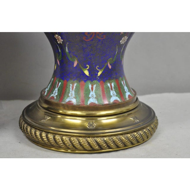 Vintage Chinoiserie Blue Enamel Chinese Brass Jardinierie Table Lamps - A Pair For Sale - Image 9 of 14