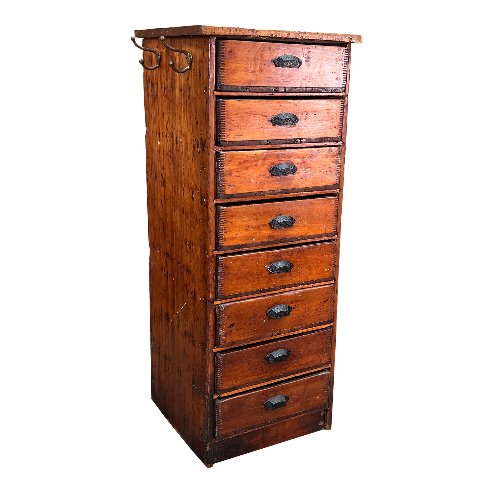 Antique 19th Century Rustic American 8 Drawer Cabinet Unit W/ Coat Hooks