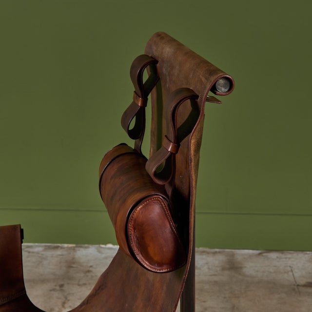 Patinated Jean-Paul Rykaert Leather Sling Chair For Sale - Image 11 of 18