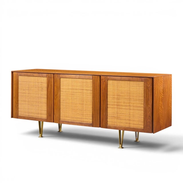 Mid-Century Modern Gio Ponti for Singer & Sons Model 2184 Mid Century Walnut, Cane and Brass Credenza For Sale - Image 3 of 11
