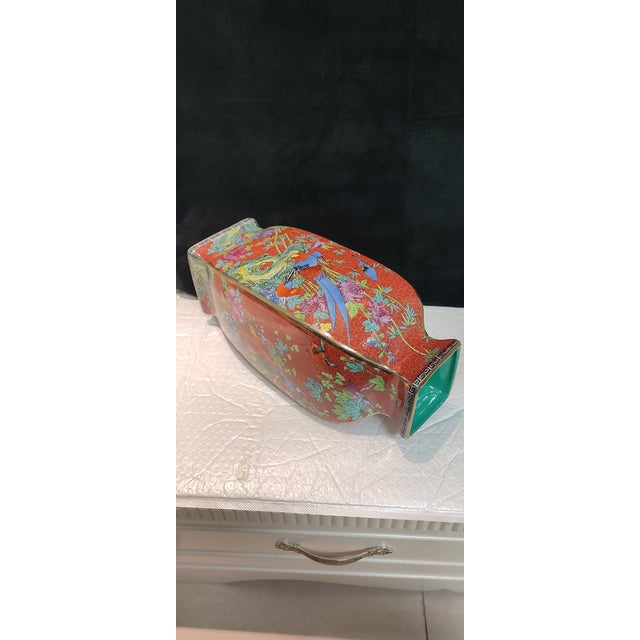 Ceramic 20thC Chinese Ceramic Vase Qing Dynasty Qianlong Marked Red Ground Famille Rose Porcelain Square Vase Hand Painted Flowers and Birds Pattern For Sale - Image 7 of 10