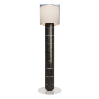 Handcrafted Ceramic Floor Lamp in Black Obsidian Gloss Glaze With Linen Lampshad For Sale