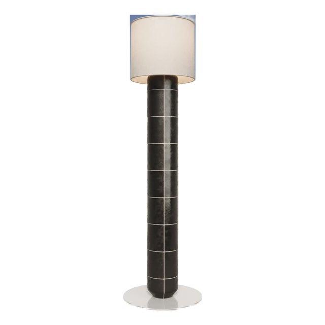 Handcrafted Ceramic Floor Lamp in Black Obsidian Gloss Glaze With Linen Lampshad For Sale